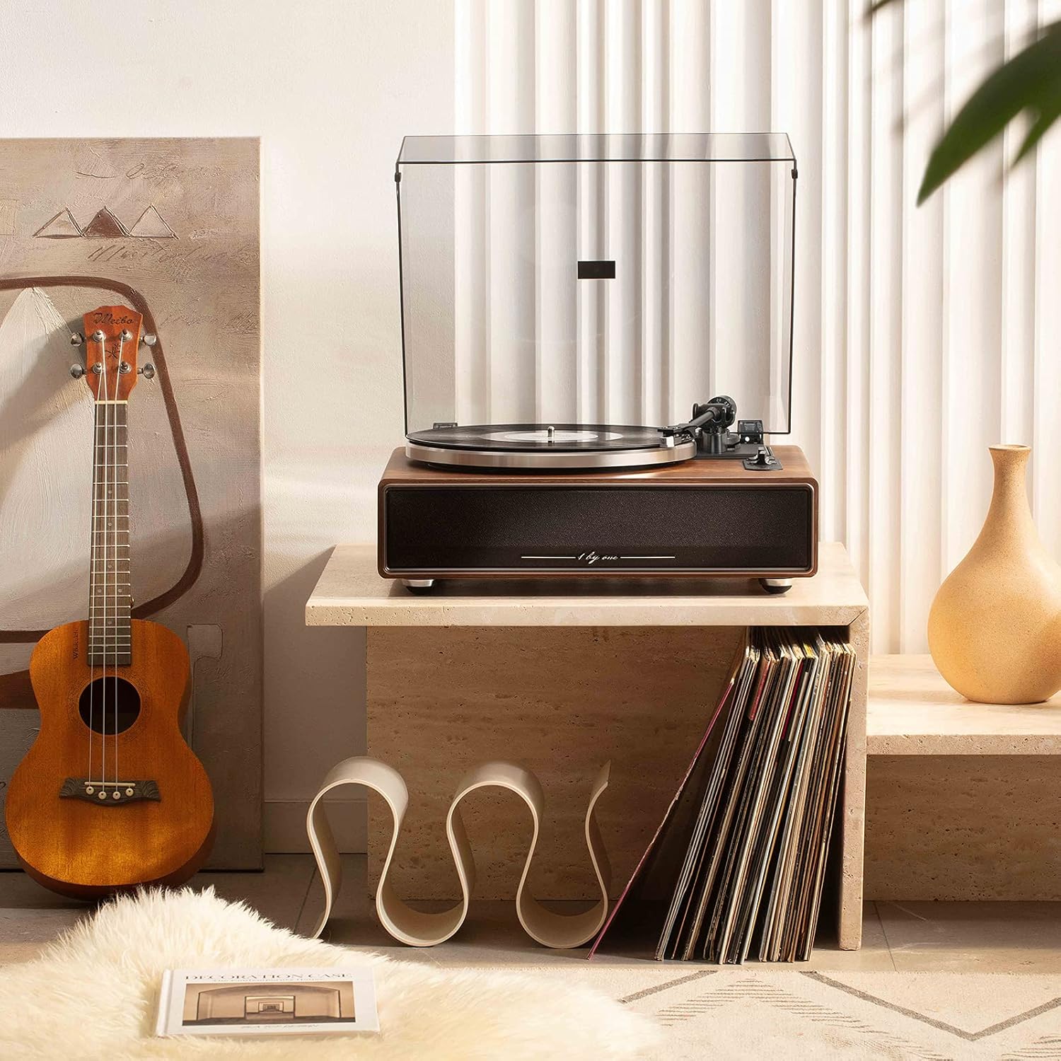 1 BY ONE Tocadiscos HiFi Bluetooth portátil Reproductor de Discos de Vinilo con Cartucho 33/45 RP Reproducción Inalámbrica Altavoces Estéreo Integrados AUX,RCA (Color Madera) - 6