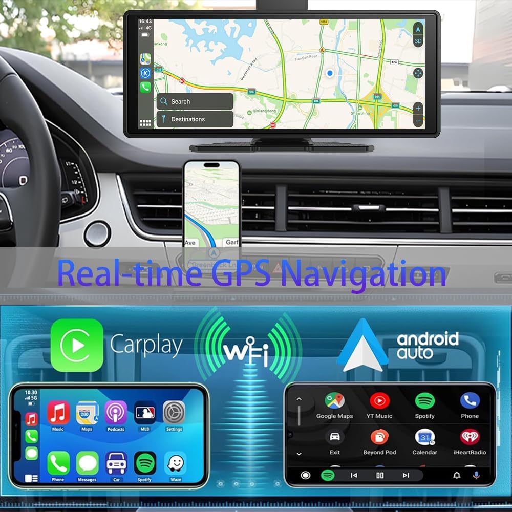 10.26" Wireless Carplay Screen 360 Rotation 4K Dash Cam with Auto Stereo Audio Receptor, 1080p Backup Camera, GPS Navegación, Espejo Link, Voz y Siri - 3