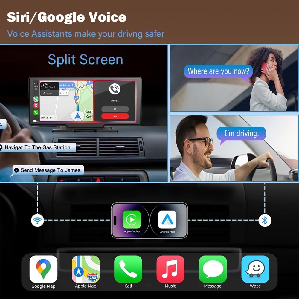 10.26" Wireless Carplay Screen 360 Rotation 4K Dash Cam with Auto Stereo Audio Receptor, 1080p Backup Camera, GPS Navegación, Espejo Link, Voz y Siri - 4