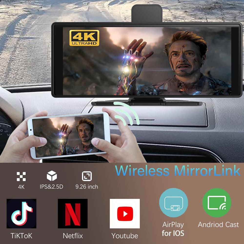 10.26" Wireless Carplay Screen 360 Rotation 4K Dash Cam with Auto Stereo Audio Receptor, 1080p Backup Camera, GPS Navegación, Espejo Link, Voz y Siri - 5