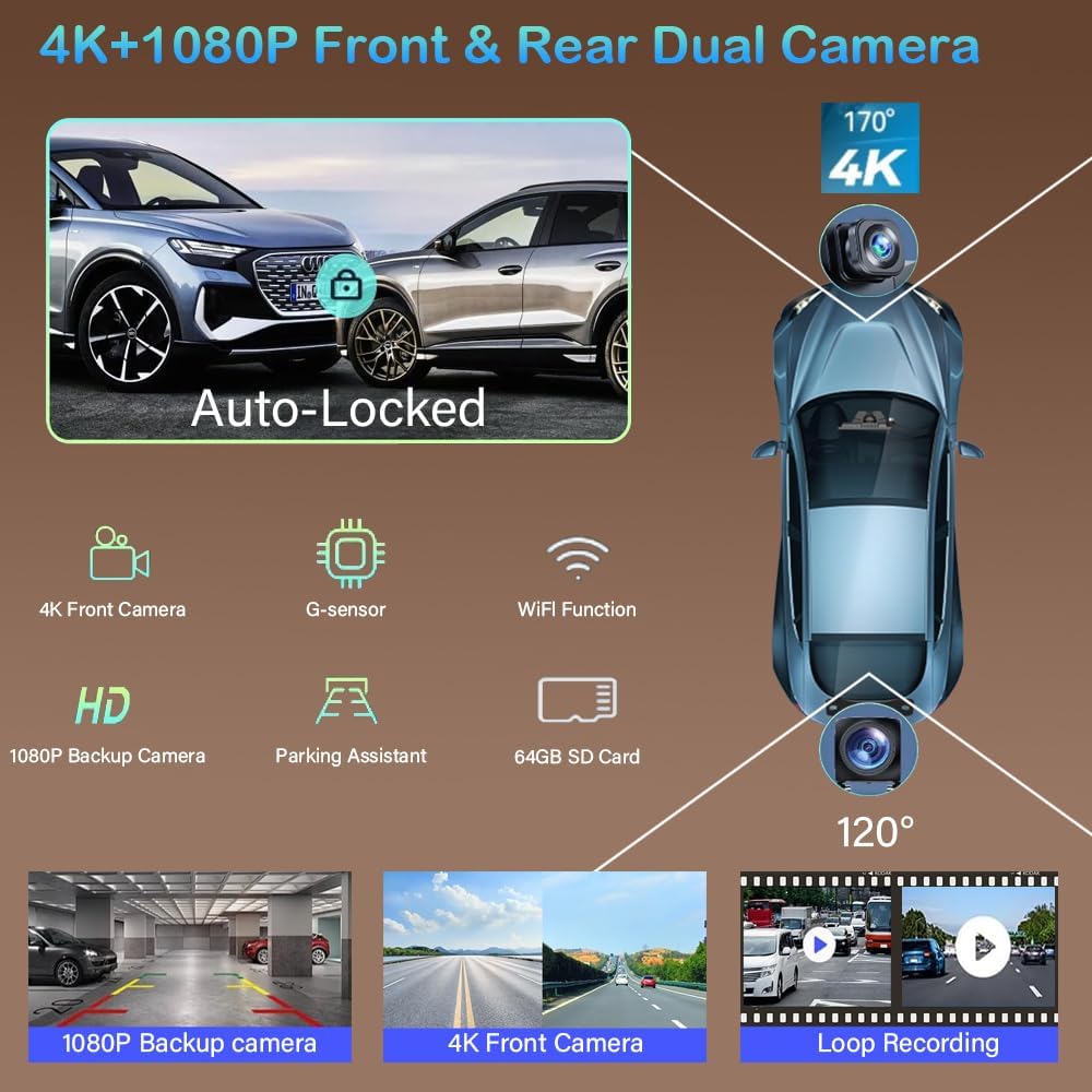 10.26" Wireless Carplay Screen 360 Rotation 4K Dash Cam with Auto Stereo Audio Receptor, 1080p Backup Camera, GPS Navegación, Espejo Link, Voz y Siri - 6