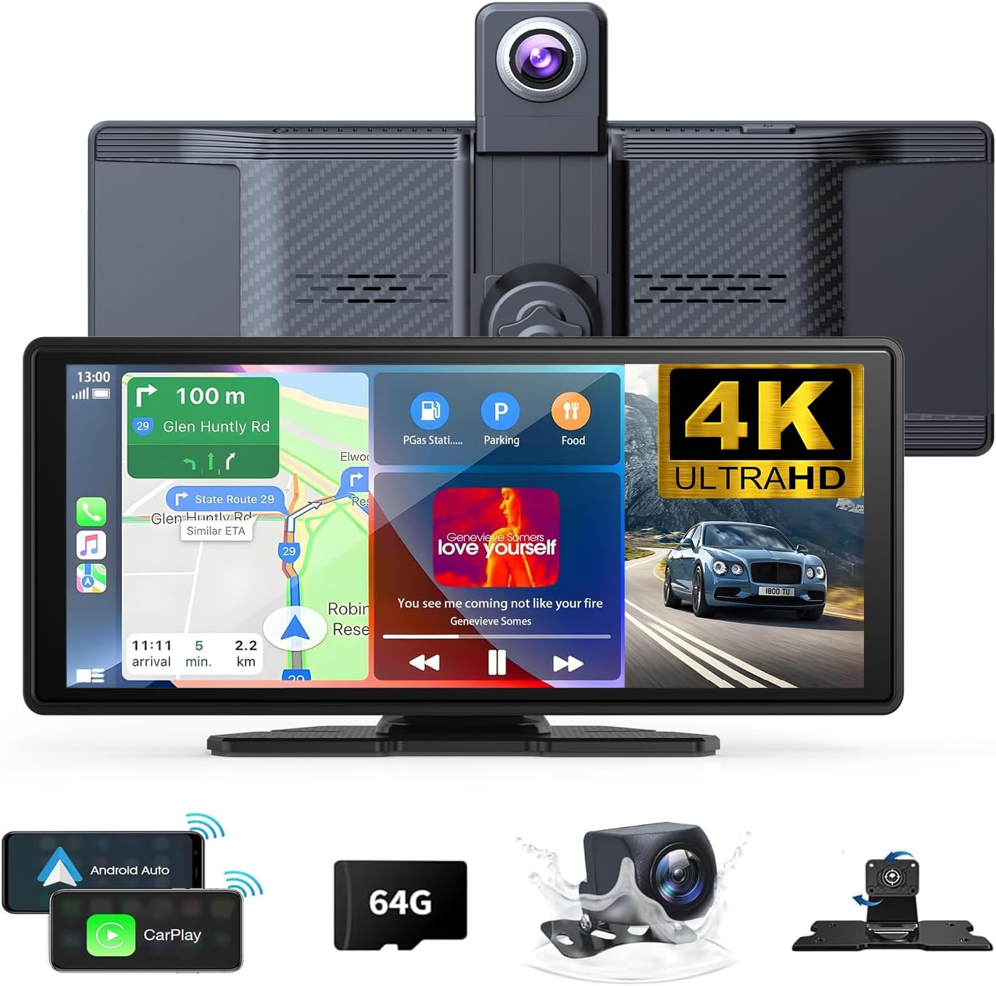 10.26" Wireless Carplay Screen 360 Rotation 4K Dash Cam with Auto Stereo Audio Receptor, 1080p Backup Camera, GPS Navegación, Espejo Link, Voz y Siri - 1