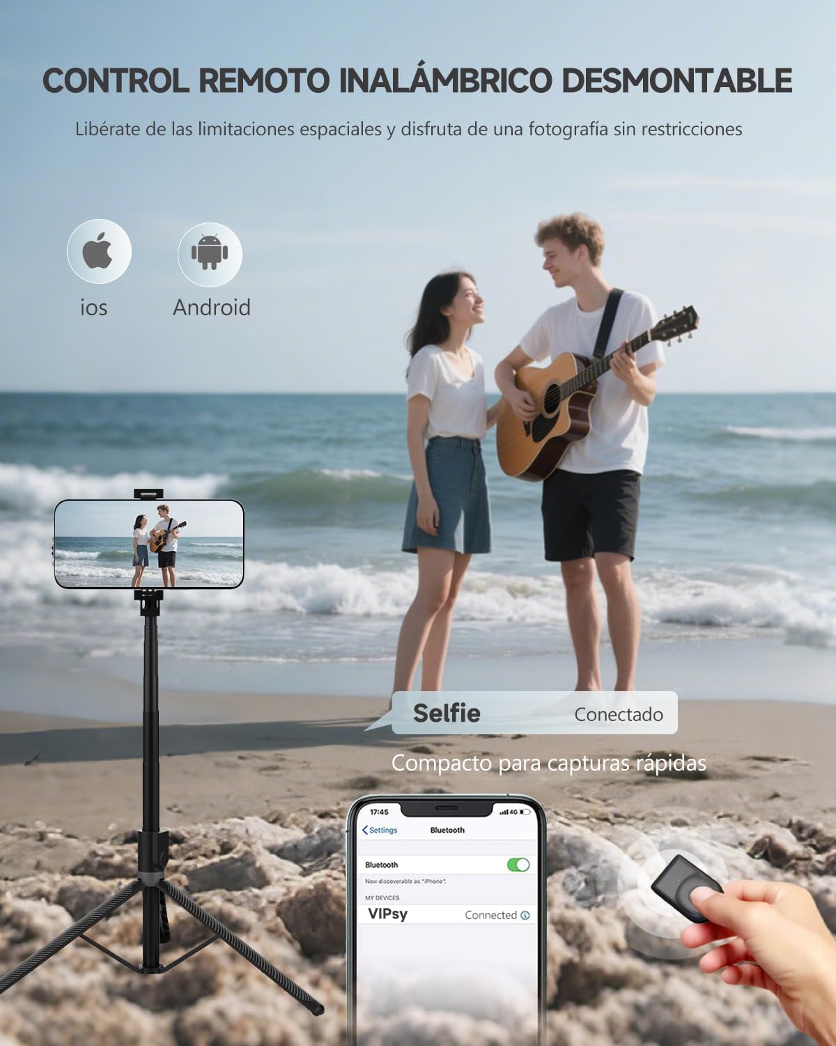 180cm Tripode para Movil & Palo Selfie - Tripode Movil Extensible Portátil con Mando Inalámbrico, Compatible con iPhone/Samsung/GoPro/Cámaras - 4