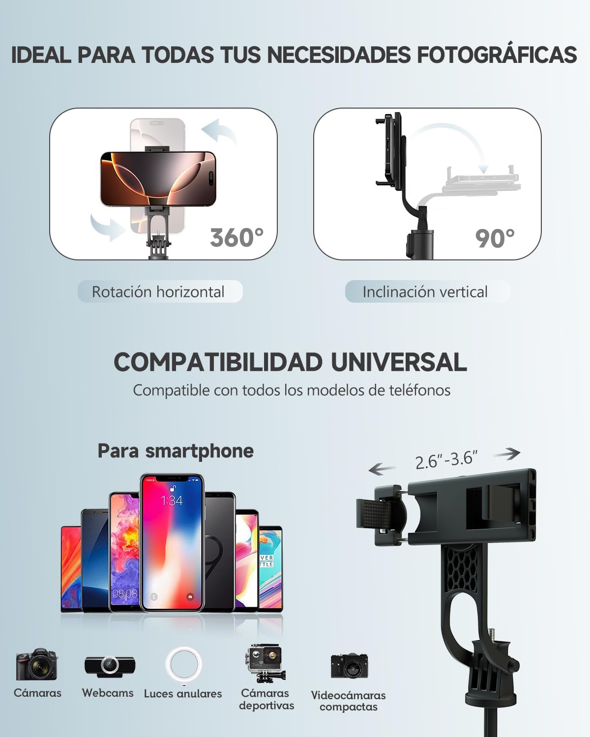 180cm Tripode para Movil & Palo Selfie - Tripode Movil Extensible Portátil con Mando Inalámbrico, Compatible con iPhone/Samsung/GoPro/Cámaras - 5