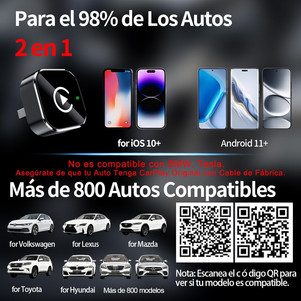 2 en 1 Adaptador CarPlay Inalámbrico, Bluetooth V5.3 Conexión Estable, WiFi 6 de Doble Banda de Alta Velocidad, USB A/C, Bluetooth Car Play Wireless Adapter Dongle para iPhone iOS 10+ & Android 11+ - 2