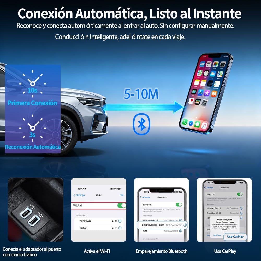2 en 1 Adaptador CarPlay Inalámbrico, Bluetooth V5.3 Conexión Estable, WiFi 6 de Doble Banda de Alta Velocidad, USB A/C, Bluetooth Car Play Wireless Adapter Dongle para iPhone iOS 10+ & Android 11+ - 6