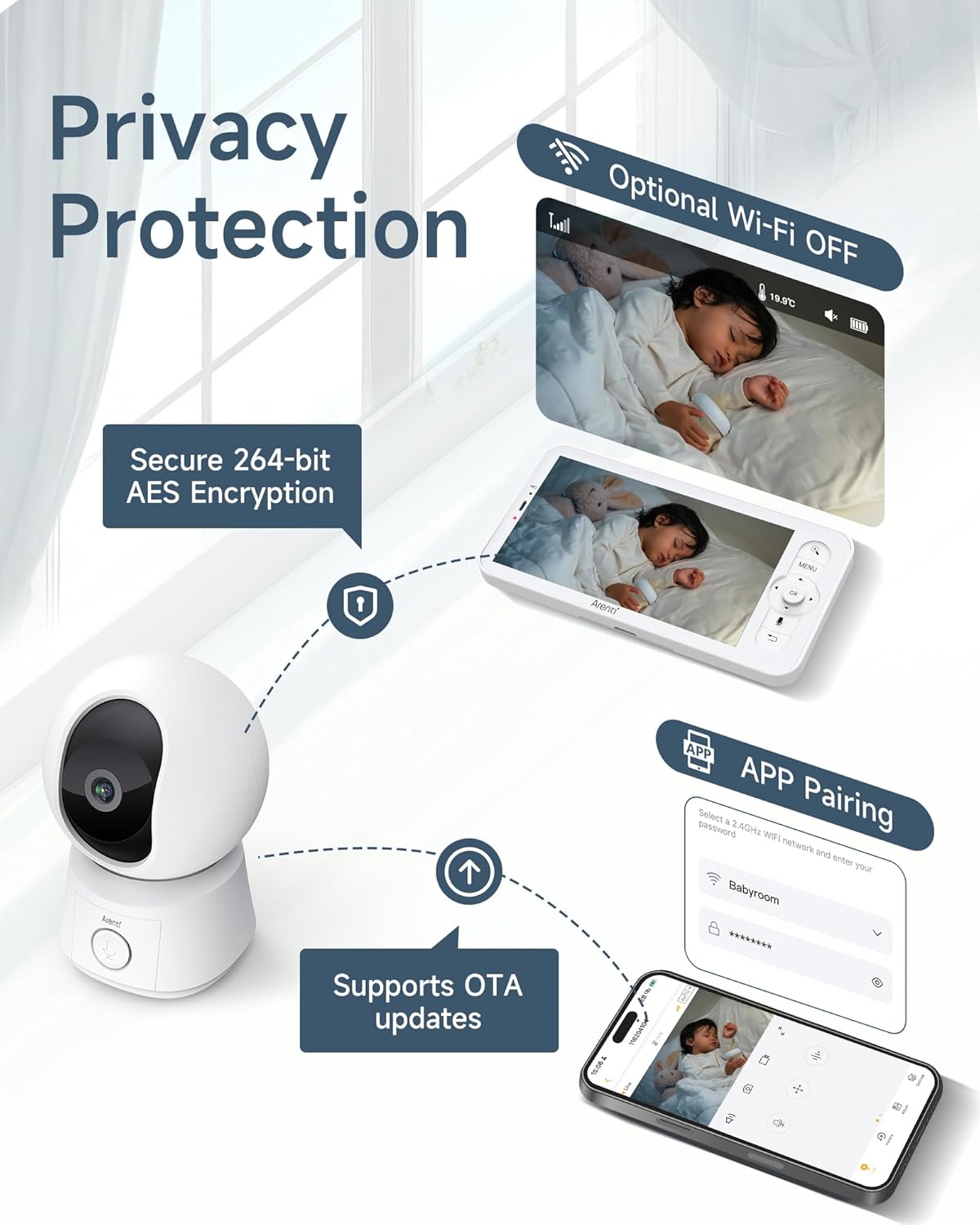 ARENTI Vigilabebes con 2 Camaras 1080P con Pantalla de 5'', Camara Vigilancia Bebe 355° PTZ, Voz Bidireccional, Detección de Movimiento y Sonido, Visión Nocturna, Sensor Temperatura, Modo VOX - 3