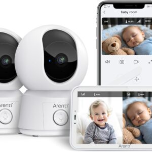 ARENTI Vigilabebes con 2 Camaras 1080P con Pantalla de 5'', Camara Vigilancia Bebe 355° PTZ, Voz Bidireccional, Detección de Movimiento y Sonido, Visión Nocturna, Sensor Temperatura, Modo VOX