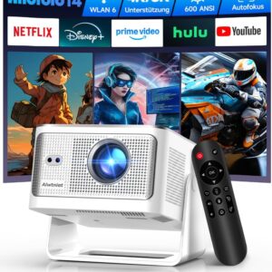 Alwtniet Proyector Portatil 4K 8K, Native Full HD 1080P Mini Projetor Android 14, WiFi 6 Bluetooth 5.4, Autoenfoque 6D Auto Keystone 180° Rotación para Cine Móvil en Casa Smart TV Tiro Ultra Corto