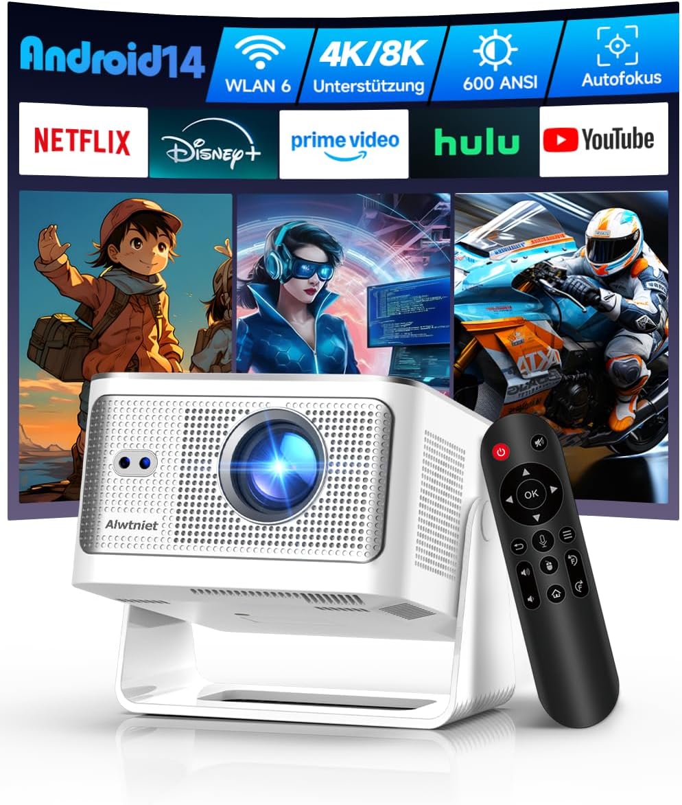 Alwtniet Proyector Portatil 4K 8K, Native Full HD 1080P Mini Projetor Android 14, WiFi 6 Bluetooth 5.4, Autoenfoque 6D Auto Keystone 180° Rotación para Cine Móvil en Casa Smart TV Tiro Ultra Corto - 1