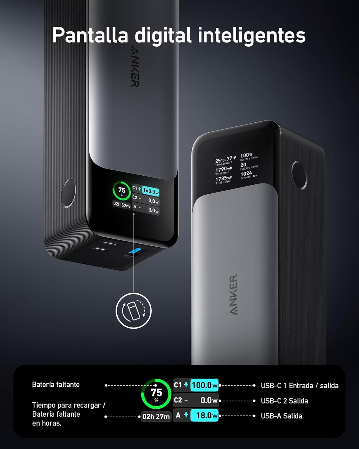 Anker Power Bank Carga Rapida 737, Cargador Portátil de 24,000 mAh y con 3 Puertos, 140 W, Compatible con iPhone Serie 16/15, Samsung, MacBook, etc. - 3
