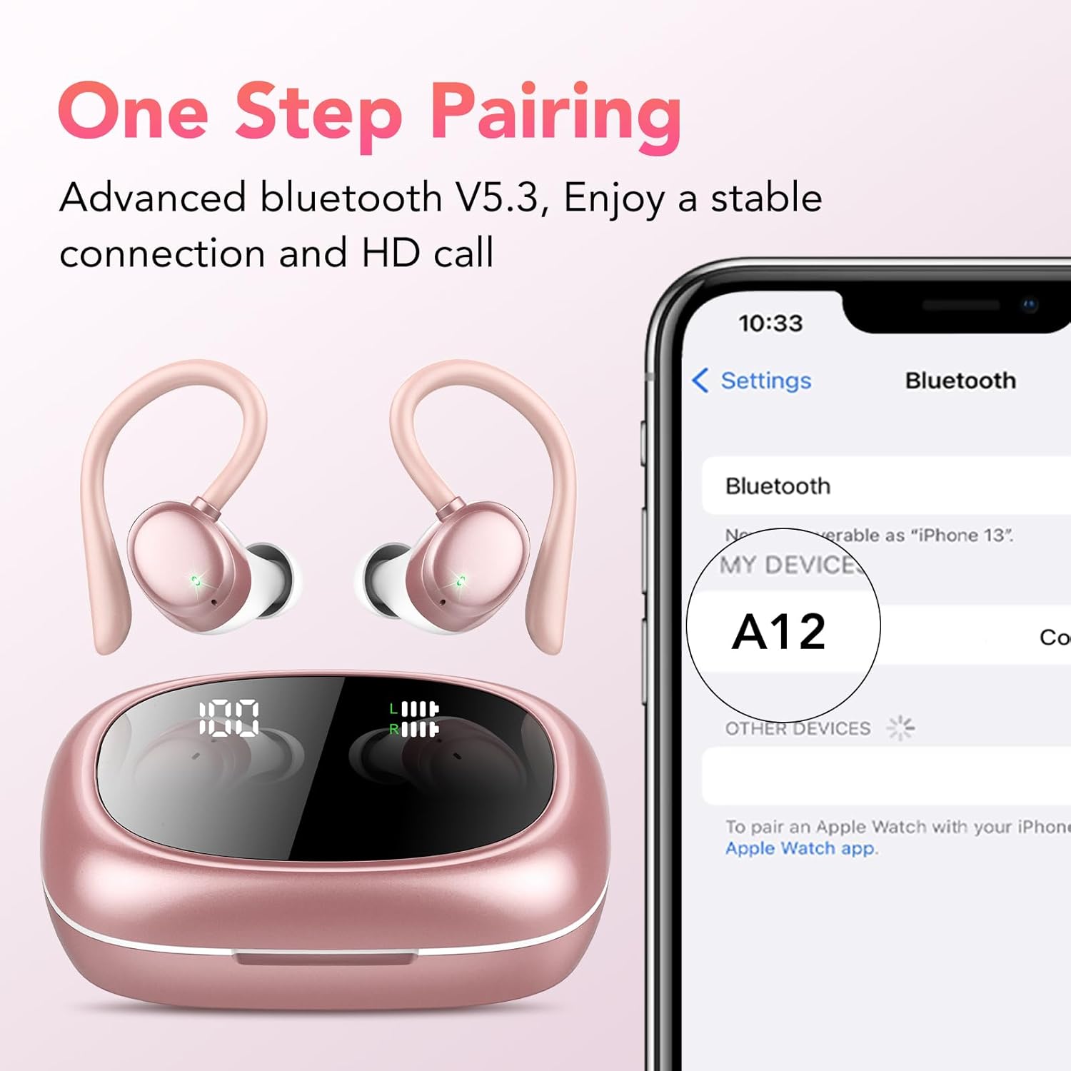 Auriculares Inalambricos, Auriculares Bluetooth 5.3 Deportivos con Gancho de la Oreja, 72H Cascos Inalambricos Bluetooth con Cancelacion Ruido ENC, Pantalla LED, Ajuste Cómodo,IPX7 Impermeable Cascos - 5