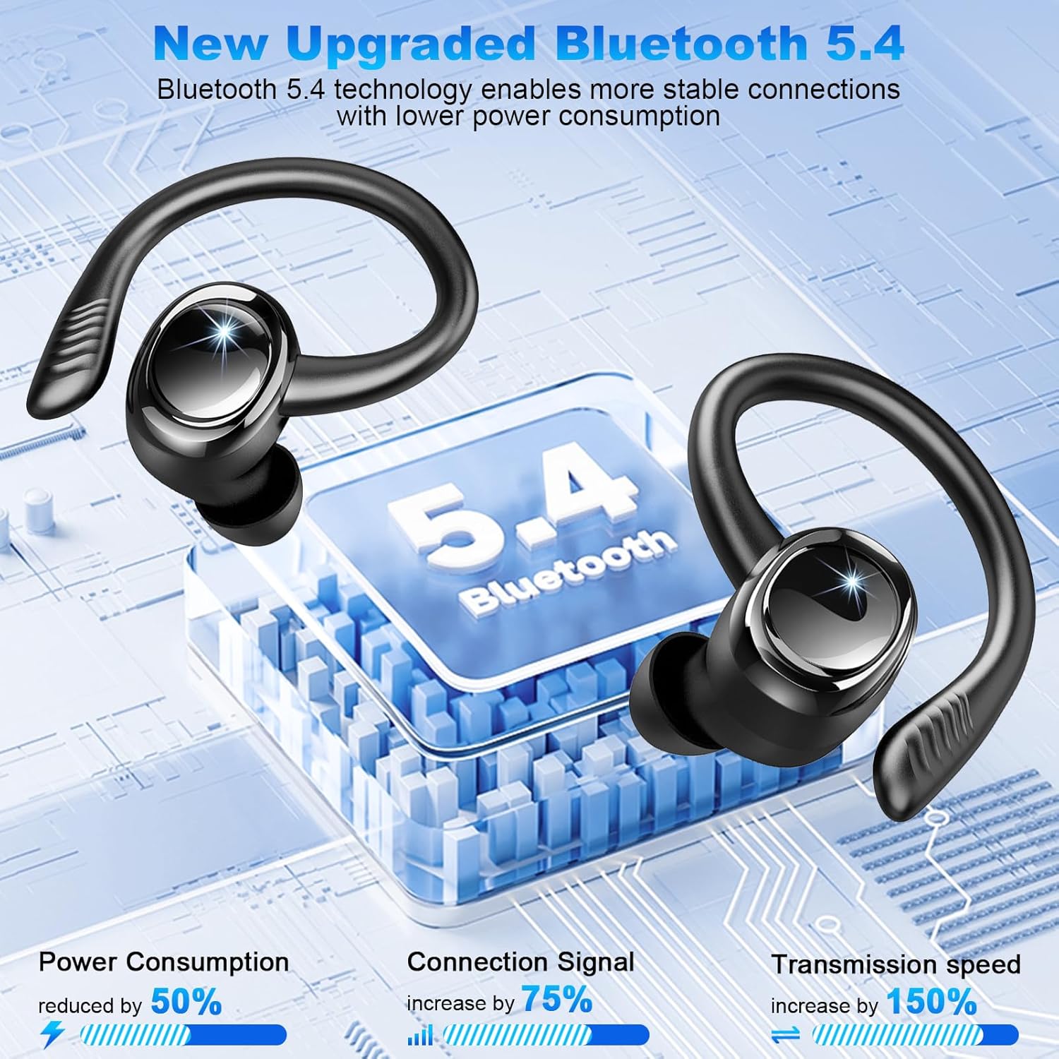 Auriculares Inalámbricos Deportivos, Auriculares Bluetooth 5.4 con 4 Mics, 50H Cascos Inalambricos Bluetooth HiFi Estéreo, IP7 Impermeable, Cascos Bluetooth con Cancelación de Ruido Pantalla LED - 2