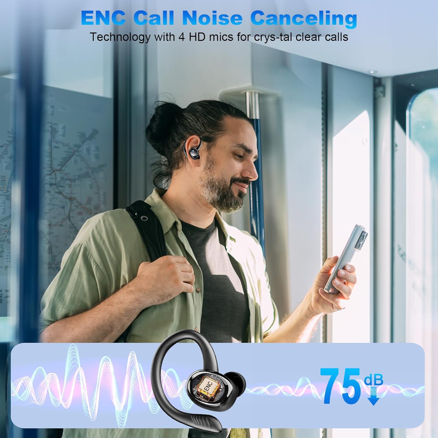 Auriculares Inalámbricos Deportivos, Auriculares Bluetooth 5.4 con 4 Mics, 50H Cascos Inalambricos Bluetooth HiFi Estéreo, IP7 Impermeable, Cascos Bluetooth con Cancelación de Ruido Pantalla LED - 4