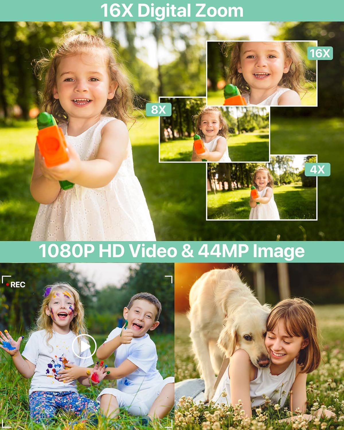 Cámara Digital 1080P Cámara de Fotos 44MP Camara Fotos Digital Cámara Digital Compacta con Zoom Digital 16X, Pantalla LCD de 2,4", Tarjeta de Memoria de 32G, 1 Batería para niños, Adolescentes - 2