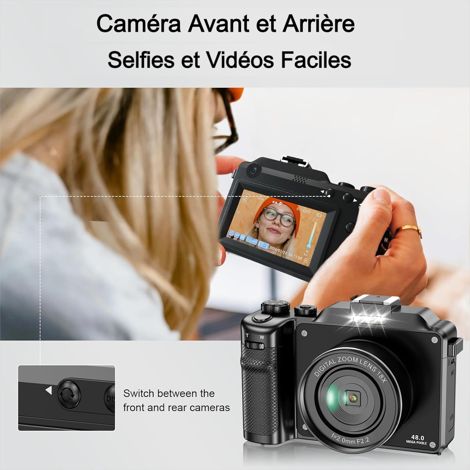 Cámara Digital, Camara de Fotos Digital 5K 64MP con Tarjeta 64GB WiFi, Autofoco, Cámara Compacta con Pantalla LCD de 3" Selfies Cámara de Vlog para Principiantes Adolescentes Adultos Youtube - 3