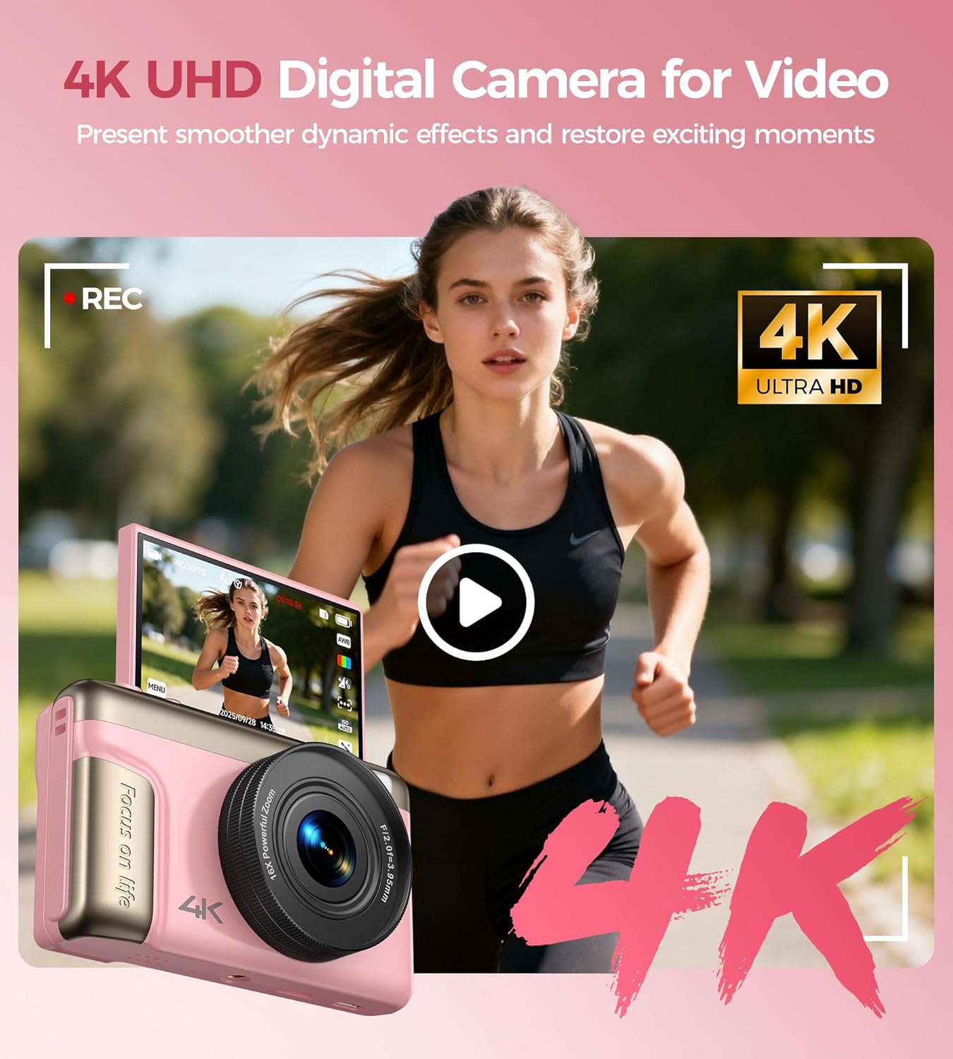 Camara de Fotos Digital 4K Compacta: 64MP Cámara Digital con Pantalla Abatible Flip180° De 3" Vlogging Camaras Fotográfica con 16X Zoom 32GB Tarjeta para Niños Principiantes Adultos Estudiantes Rosa - 2