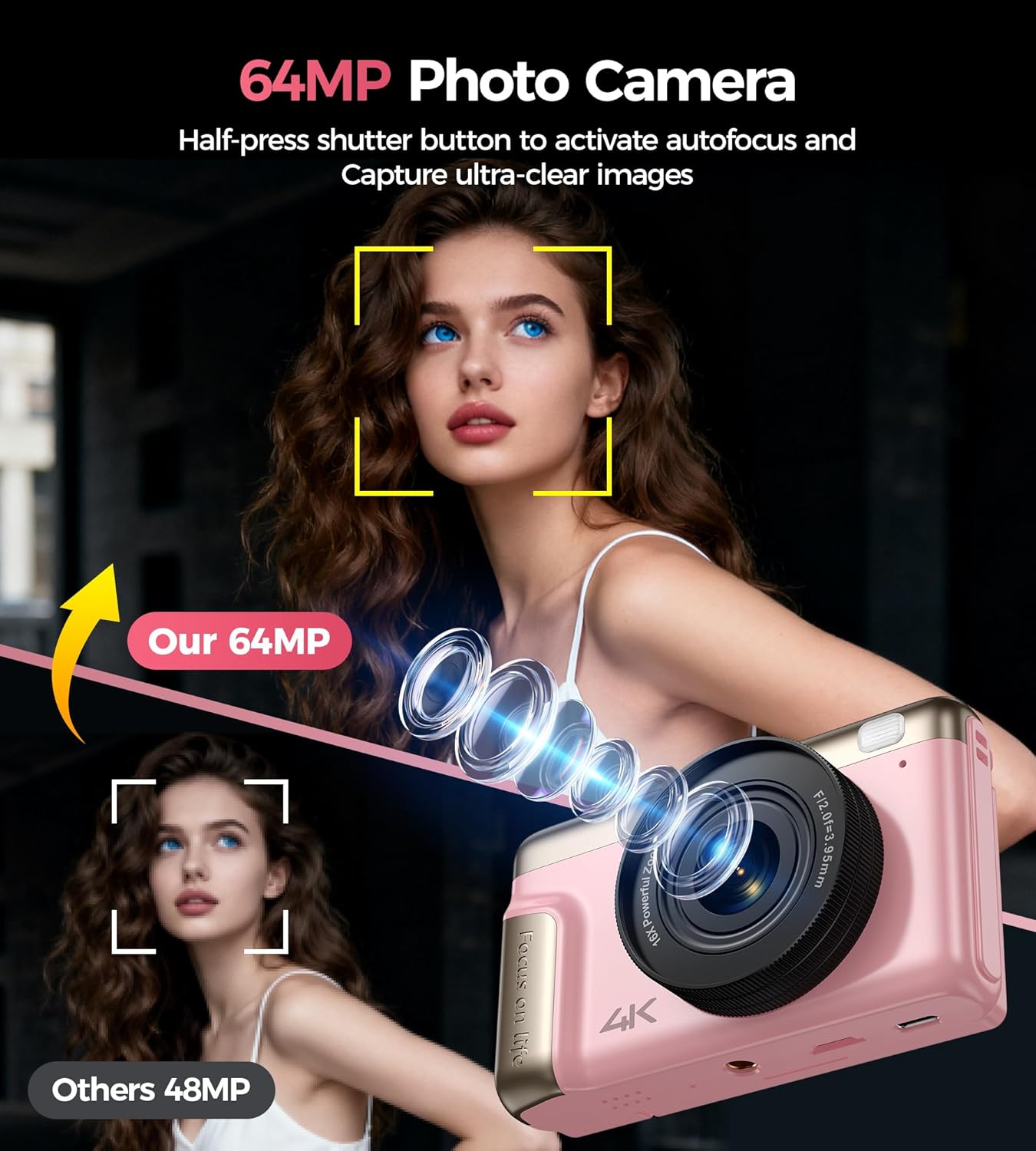 Camara de Fotos Digital 4K Compacta: 64MP Cámara Digital con Pantalla Abatible Flip180° De 3" Vlogging Camaras Fotográfica con 16X Zoom 32GB Tarjeta para Niños Principiantes Adultos Estudiantes Rosa - 3