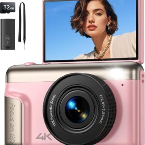 Camara de Fotos Digital 4K Compacta: 64MP Cámara Digital con Pantalla Abatible Flip180° De 3" Vlogging Camaras Fotográfica con 16X Zoom 32GB Tarjeta para Niños Principiantes Adultos Estudiantes Rosa