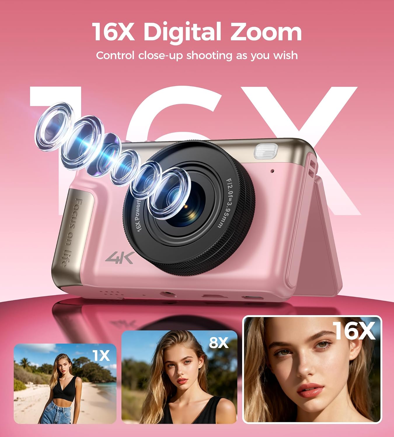 Camara de Fotos Digital 4K Compacta: 64MP Cámara Digital con Pantalla Abatible Flip180° De 3" Vlogging Camaras Fotográfica con 16X Zoom 32GB Tarjeta para Niños Principiantes Adultos Estudiantes Rosa - 4