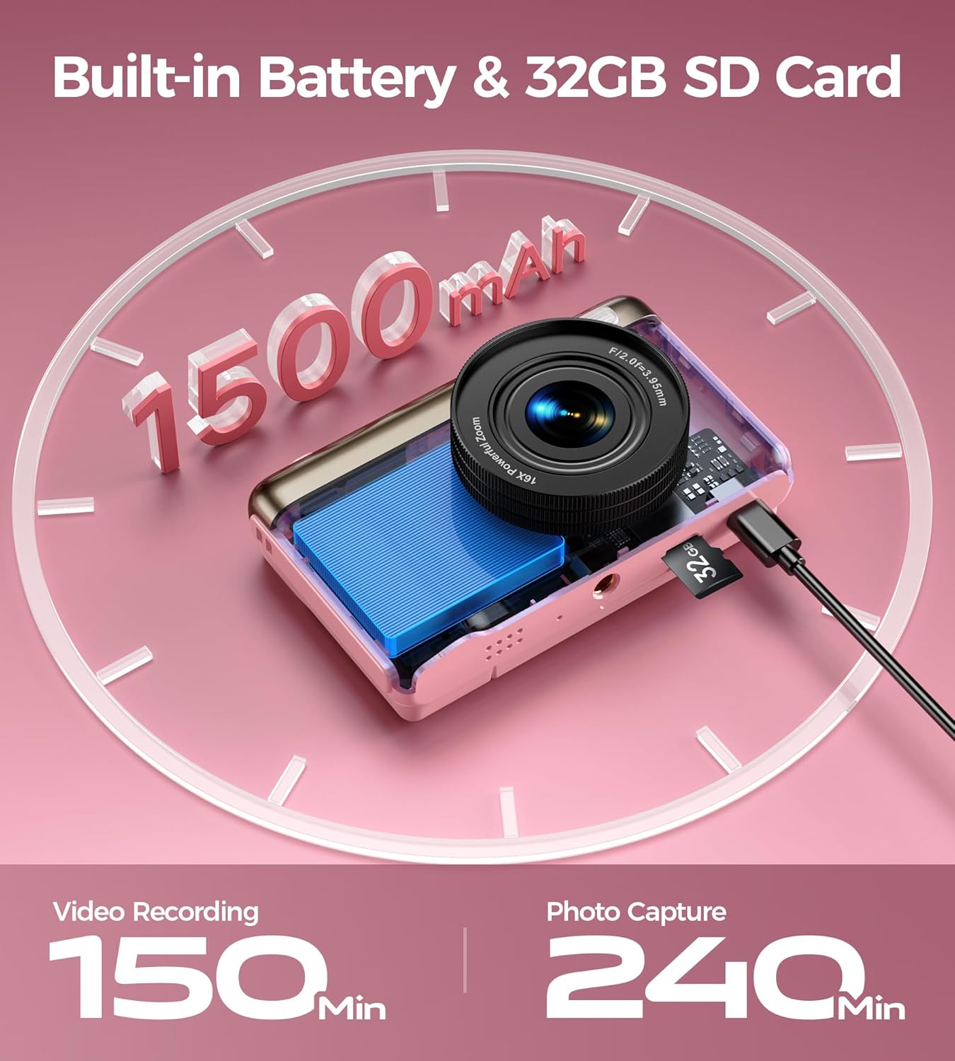 Camara de Fotos Digital 4K Compacta: 64MP Cámara Digital con Pantalla Abatible Flip180° De 3" Vlogging Camaras Fotográfica con 16X Zoom 32GB Tarjeta para Niños Principiantes Adultos Estudiantes Rosa - 5