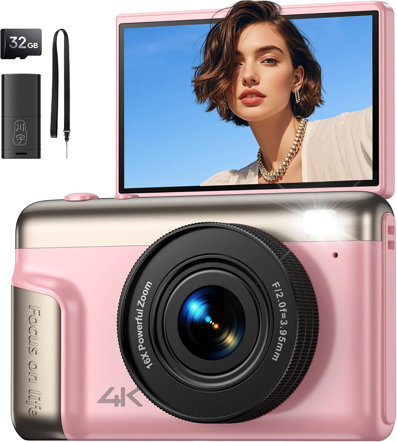 Camara de Fotos Digital 4K Compacta: 64MP Cámara Digital con Pantalla Abatible Flip180° De 3" Vlogging Camaras Fotográfica con 16X Zoom 32GB Tarjeta para Niños Principiantes Adultos Estudiantes Rosa - 1