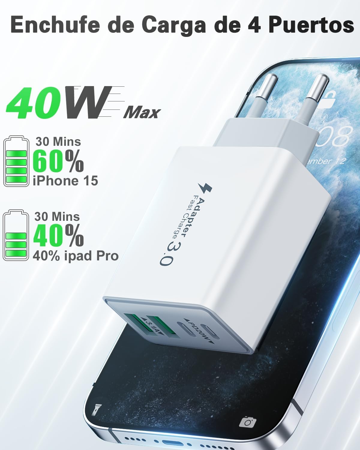 Cargador USB C 40W, Cargador iPhone Carga Rapida Múltiple USBC Enchufe PD+QC Rápido Pared Adaptador Tipo C Movil Cargadors para iPhone 17 16 15 14 13 12 11 Pro MAX Plus,iPad,Samsung USB Charger - 2