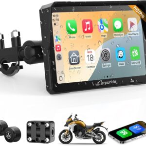 Carpuride W702T Pro Motocicleta Carplay Pantalla con TPMS Sistema, Inalámbrico CarPlay y Android Auto, 7" Impermeable Táctilpantalla, Dual Bluetooth, Intercomunicador Función, Nav, Brújula, Barómetro.