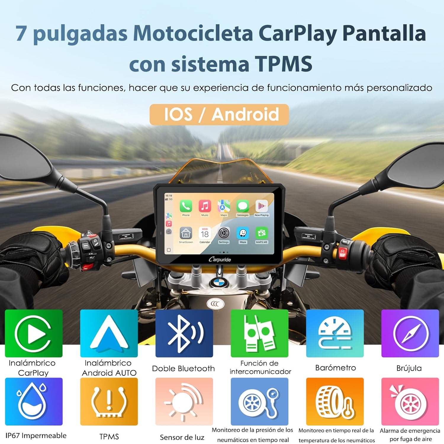 Carpuride W702T Pro Motocicleta Carplay Pantalla con TPMS Sistema, Inalámbrico CarPlay y Android Auto, 7" Impermeable Táctilpantalla, Dual Bluetooth, Intercomunicador Función, Nav, Brújula, Barómetro. - 2