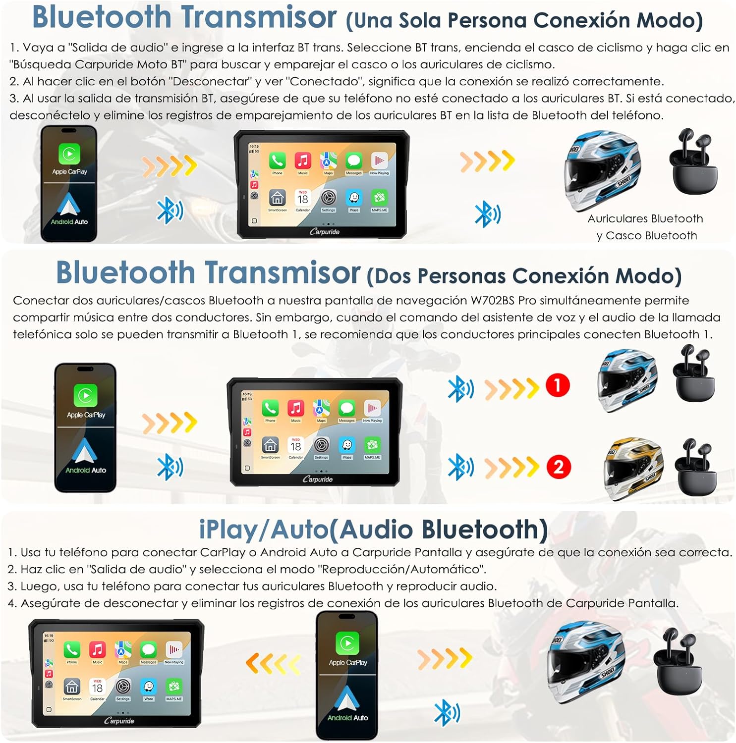 Carpuride W702T Pro Motocicleta Carplay Pantalla con TPMS Sistema, Inalámbrico CarPlay y Android Auto, 7" Impermeable Táctilpantalla, Dual Bluetooth, Intercomunicador Función, Nav, Brújula, Barómetro. - 5