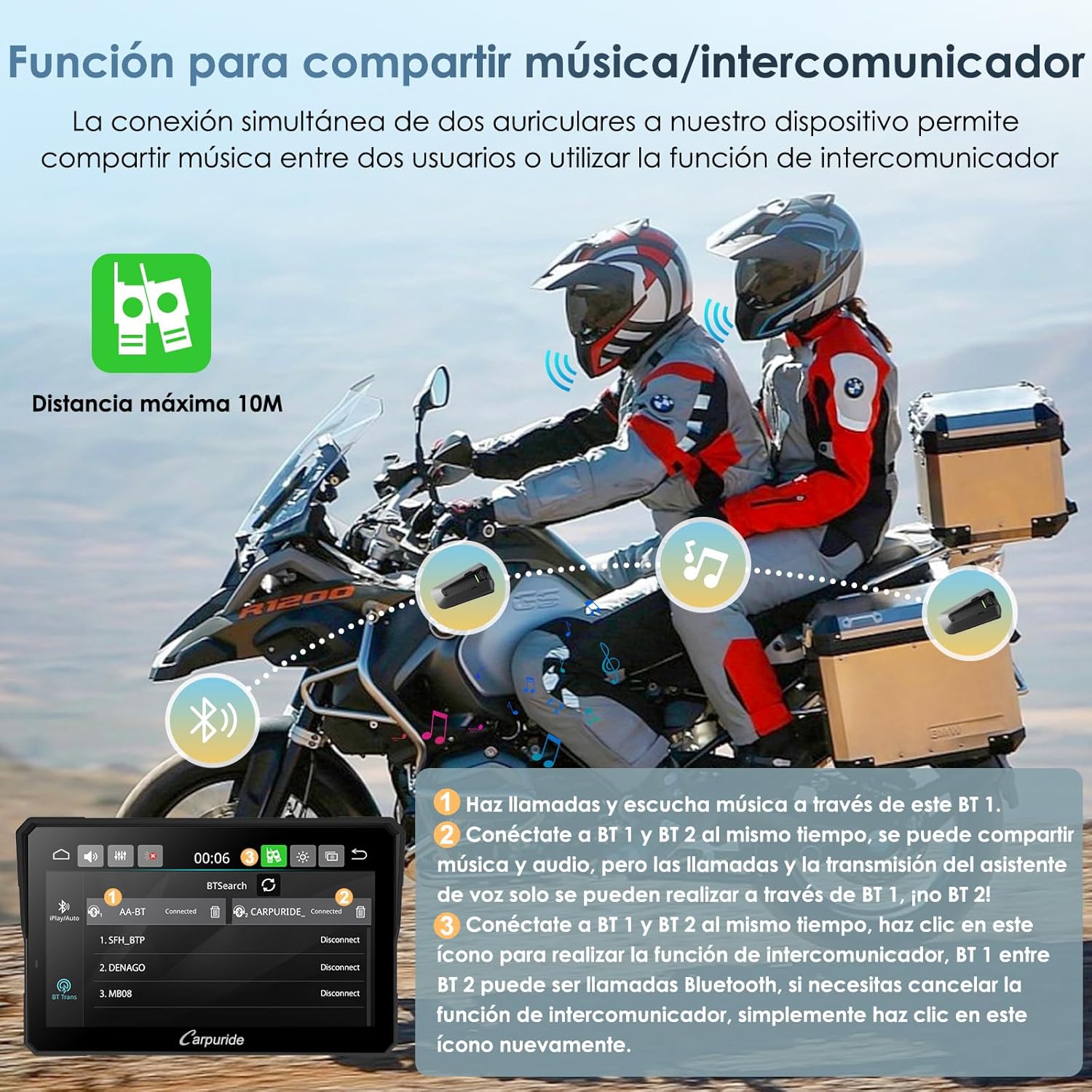 Carpuride W702T Pro Motocicleta Carplay Pantalla con TPMS Sistema, Inalámbrico CarPlay y Android Auto, 7" Impermeable Táctilpantalla, Dual Bluetooth, Intercomunicador Función, Nav, Brújula, Barómetro. - 6