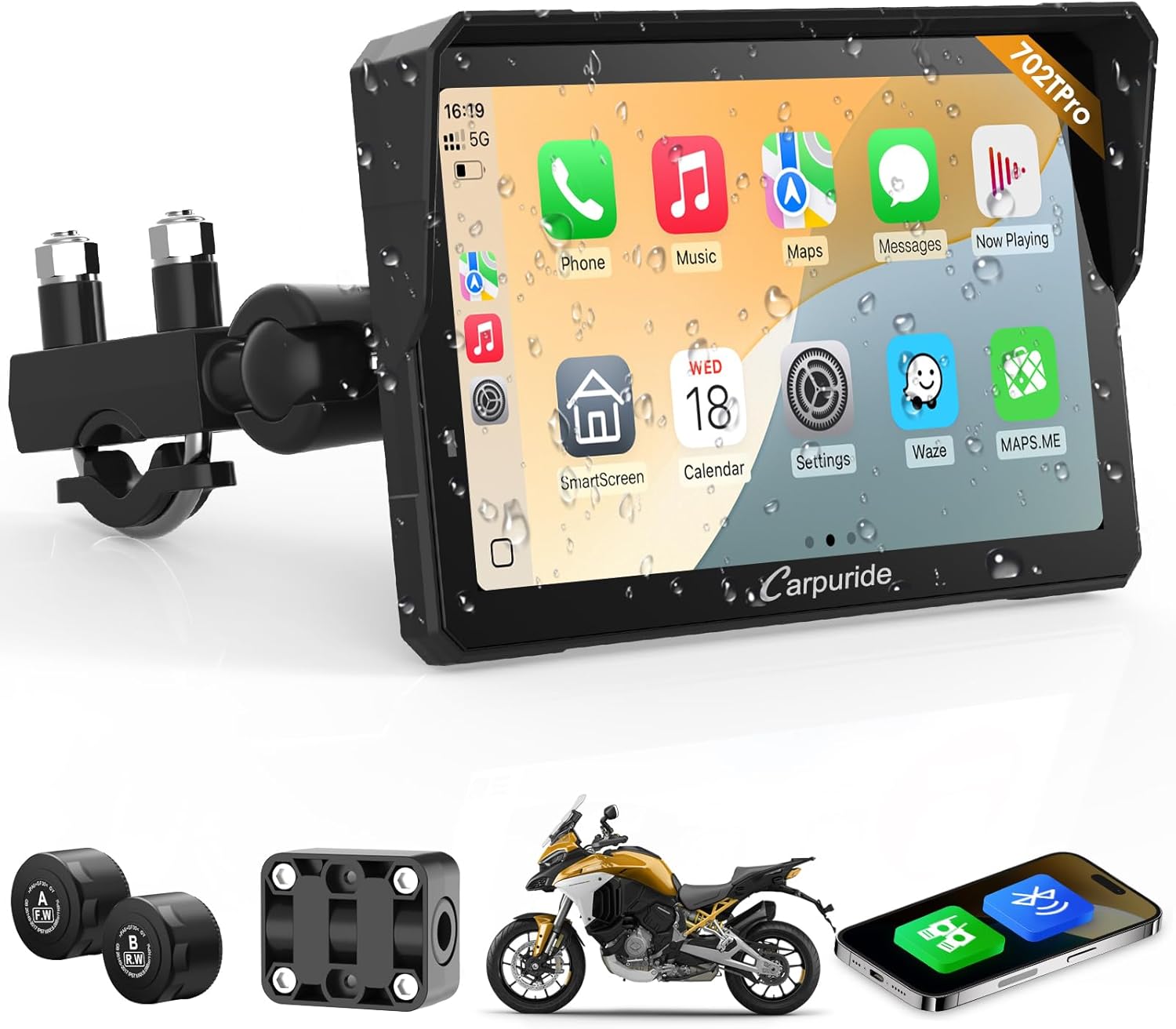 Carpuride W702T Pro Motocicleta Carplay Pantalla con TPMS Sistema, Inalámbrico CarPlay y Android Auto, 7" Impermeable Táctilpantalla, Dual Bluetooth, Intercomunicador Función, Nav, Brújula, Barómetro. - 1