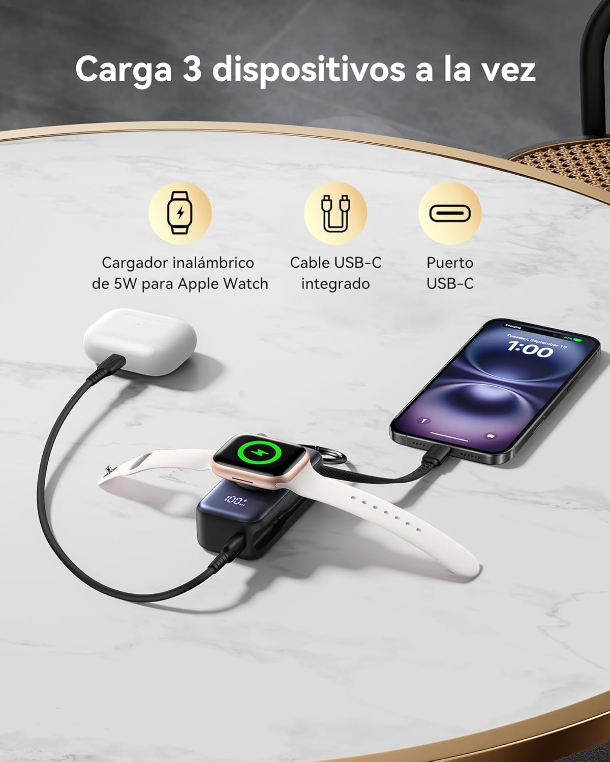 INIU Power Bank, 5000mAh 20W PD Batería Externa Carga Rapida, con Cable USB C Incorporado, Powerbank para Apple Watch, Accesorio de Viaje, Cargador Portatil para iPhone 16 15, Samsung, Pixel, Xiaomi - 4