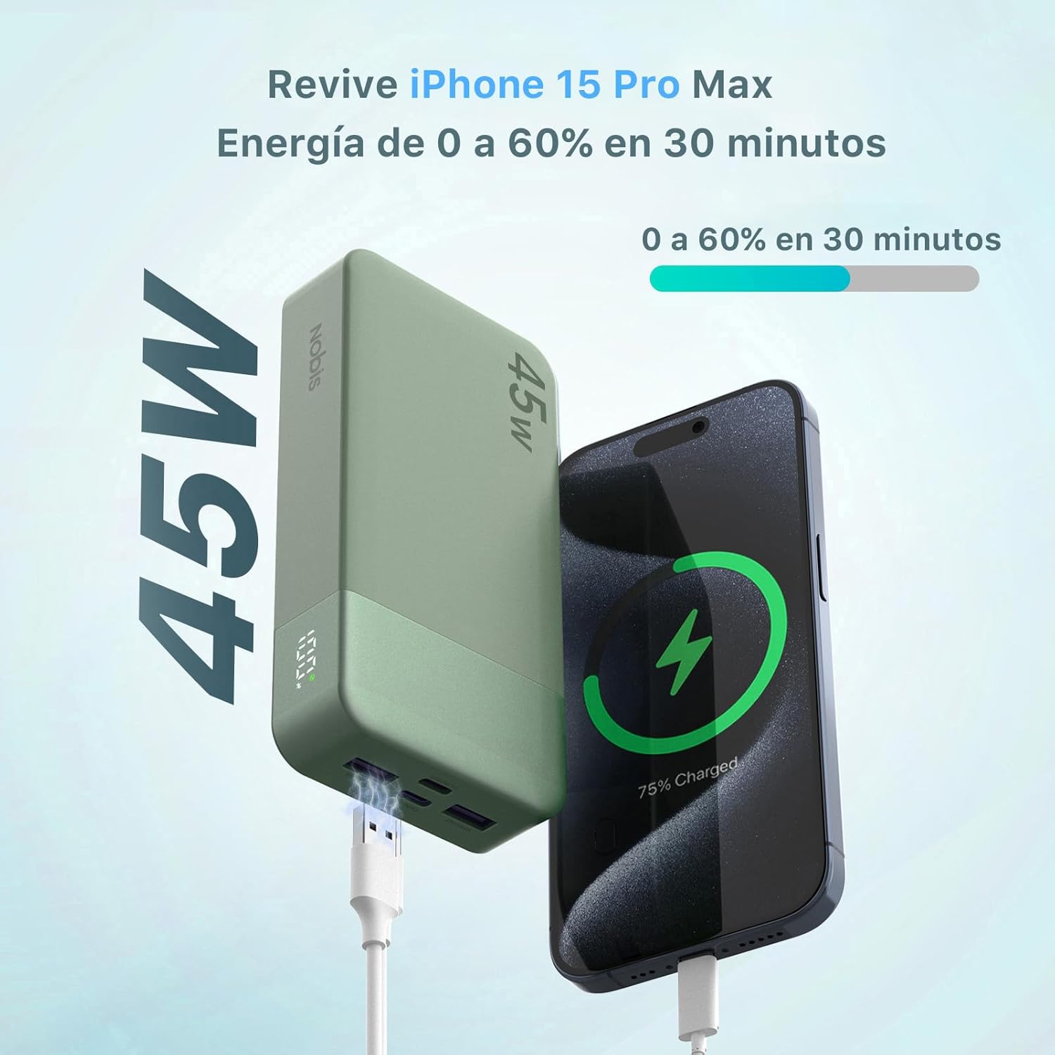 NOBIS Powerbank 20000mah,PD3.0 45W Batería Portátil Carga Rápida,QC4.0 Bateria Externa con Pantalla LED para MacBook, Phone 15 14 13 Pro S23 S22 - 2