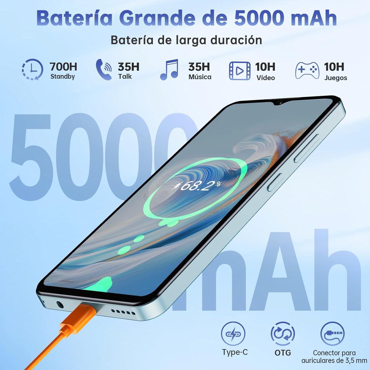 OUKITEL C5 Telefono Movil 2025, 16GB RAM+256GB ROM/TF 1TB, 6.52" HD Pantalla Telefonos Moviles Libres, Batería 5000mAh Android 14 Smartphone, Cámara 13MP+5MP, 4G Dual SIM/Face ID/OTG/3.5mm Jack, Azul - 4