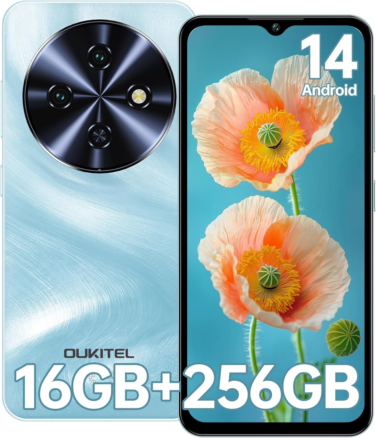 OUKITEL C5 Telefono Movil 2025, 16GB RAM+256GB ROM/TF 1TB, 6.52" HD Pantalla Telefonos Moviles Libres, Batería 5000mAh Android 14 Smartphone, Cámara 13MP+5MP, 4G Dual SIM/Face ID/OTG/3.5mm Jack, Azul - 1