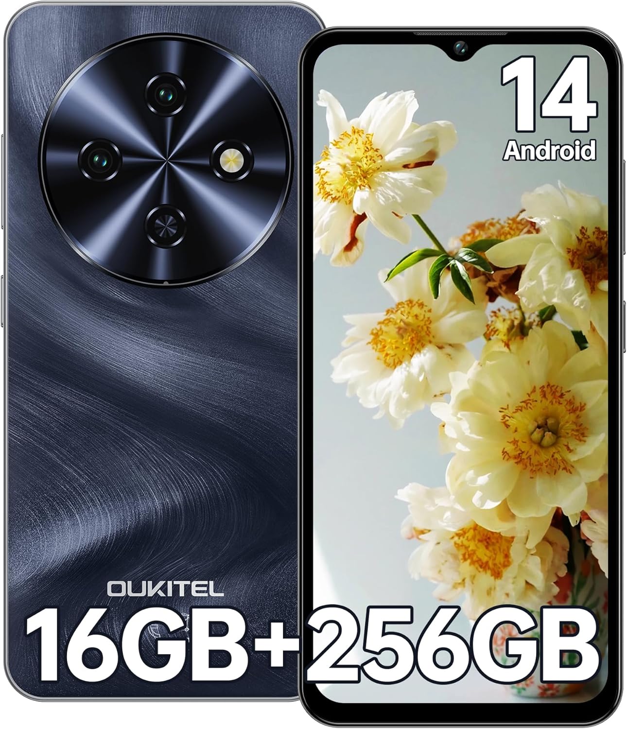 OUKITEL C5 Telefonos Moviles Libres 2025-16GB RAM+256GB ROM/TF 1TB Smartphone, Batería 5000mAh, 6.52" HD Pantalla Android 14 Telefono Movil, Cámara 13MP+5MP, 4G Dual SIM/Face ID/Altavoz 95 dB, Negro - 1