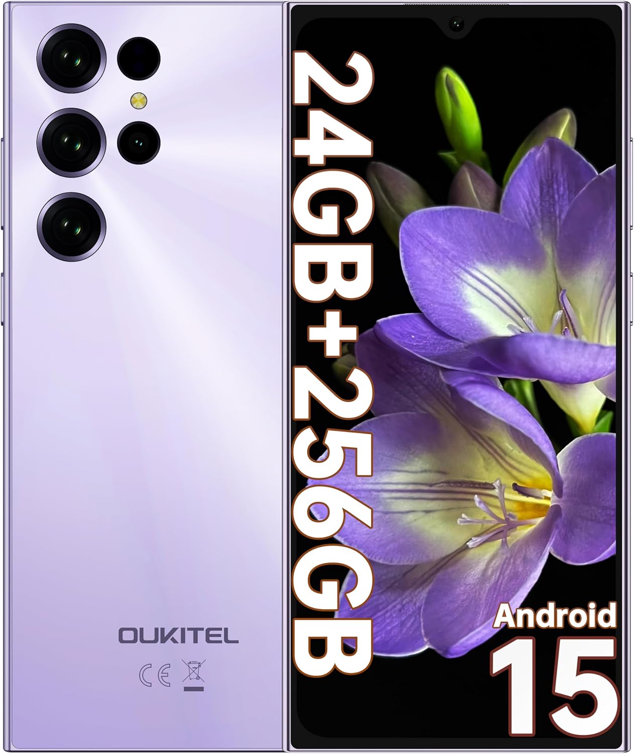 OUKITEL C61 Pro Teléfonos Inteligentes - 24GB+256GB/1TB Telefonos Moviles Libres Android 15, 6.88" Pantalla HD+ 90Hz Smartphone, Batería 5150mAh, Cámara 13MP Movil, Face ID/Fingerprint/NFC/GPS, Morado - 1