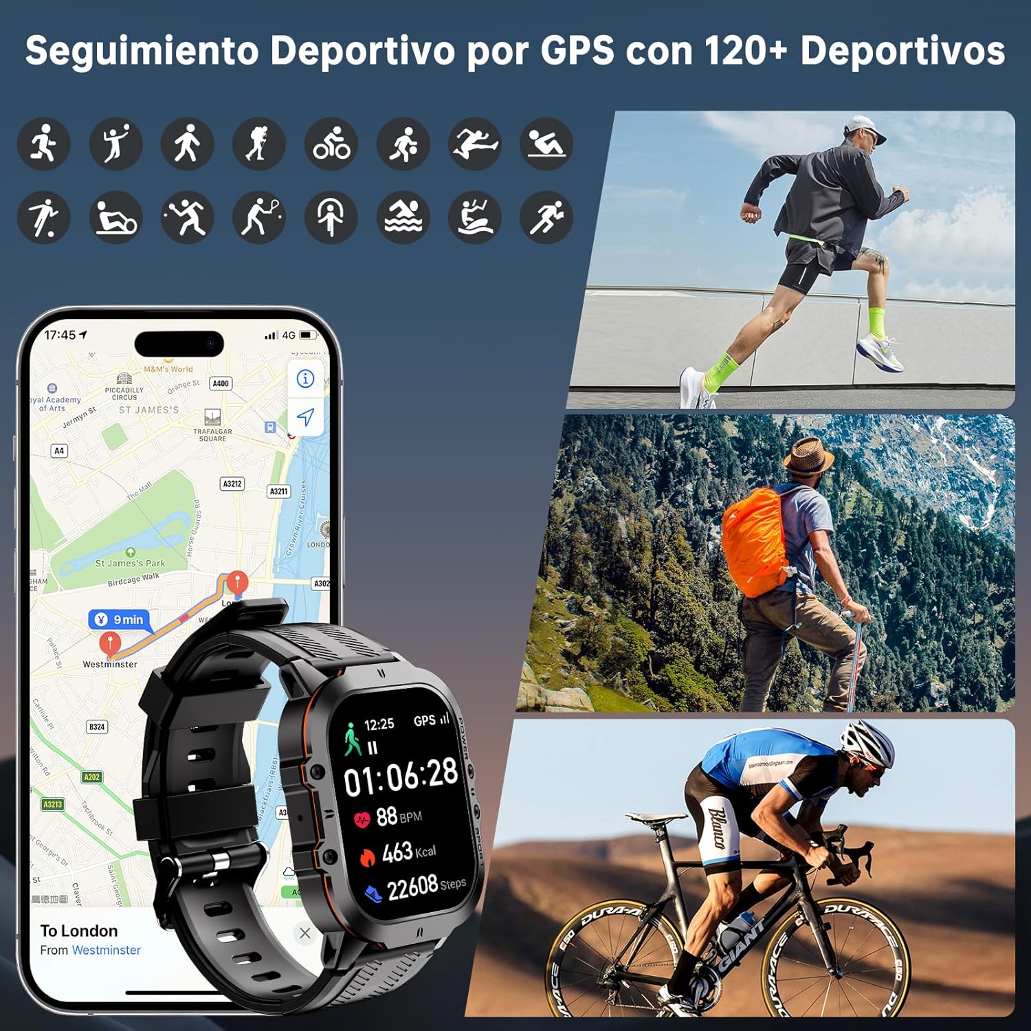 OUKITEL Smartwatch Hombre Militar con Llamadas Bluetooth, GPS Reloj Inteligente Hombre Impermeable 5ATM con 120+ Deportivos, Relojes con Notificaciones de Mensajes/Oxímetro/Pulsómetro para Android/iOS - 2