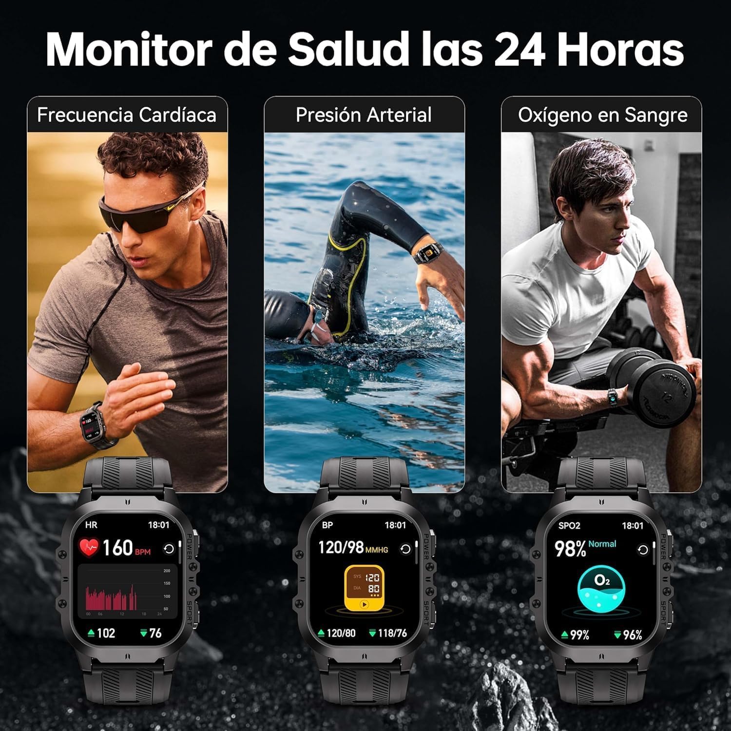 OUKITEL Smartwatch Hombre Militar con Llamadas Bluetooth, GPS Reloj Inteligente Hombre Impermeable 5ATM con 120+ Deportivos, Relojes con Notificaciones de Mensajes/Oxímetro/Pulsómetro para Android/iOS - 4