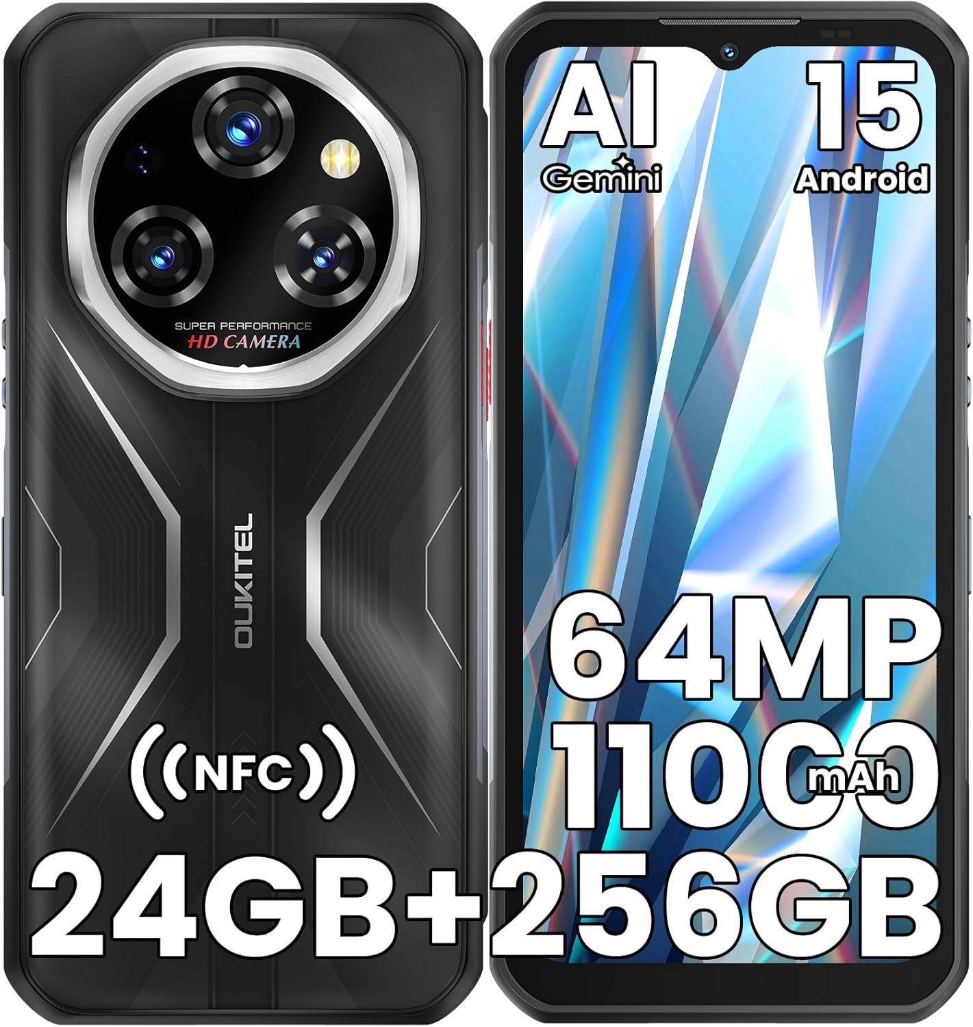 OUKITEL WP55 S Movil Irrompible MTK G100 Android 15 Gemini AI Móvil Indestructible 24GB RAM+256GB ROM/2TB TF Rugged Smartphone 11000mAh 6.6 FHD 120Hz 64MP/Dual SIM/NFC/Lector de Huellas/GPS/5G WiFi - 1