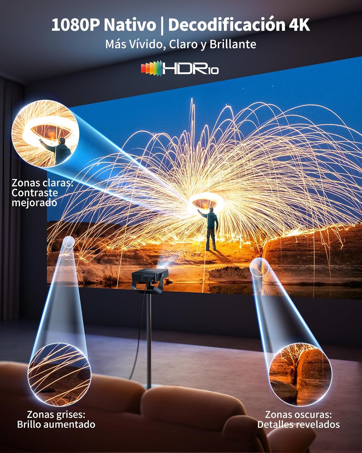 Proyector 4K【Netflix Oficial+TV Directo】 Proyector Portatil App Integrada Auto Focus/Keystone 1080P FHD Nativo con HDR10, Giro 330° WiFi Bluetooth Mini Proyectors Projector Cine en Casa/Exterior/HDMI - 3