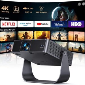Proyector 4K【Netflix Oficial+TV Directo】 Proyector Portatil App Integrada Auto Focus/Keystone 1080P FHD Nativo con HDR10, Giro 330° WiFi Bluetooth Mini Proyectors Projector Cine en Casa/Exterior/HDMI