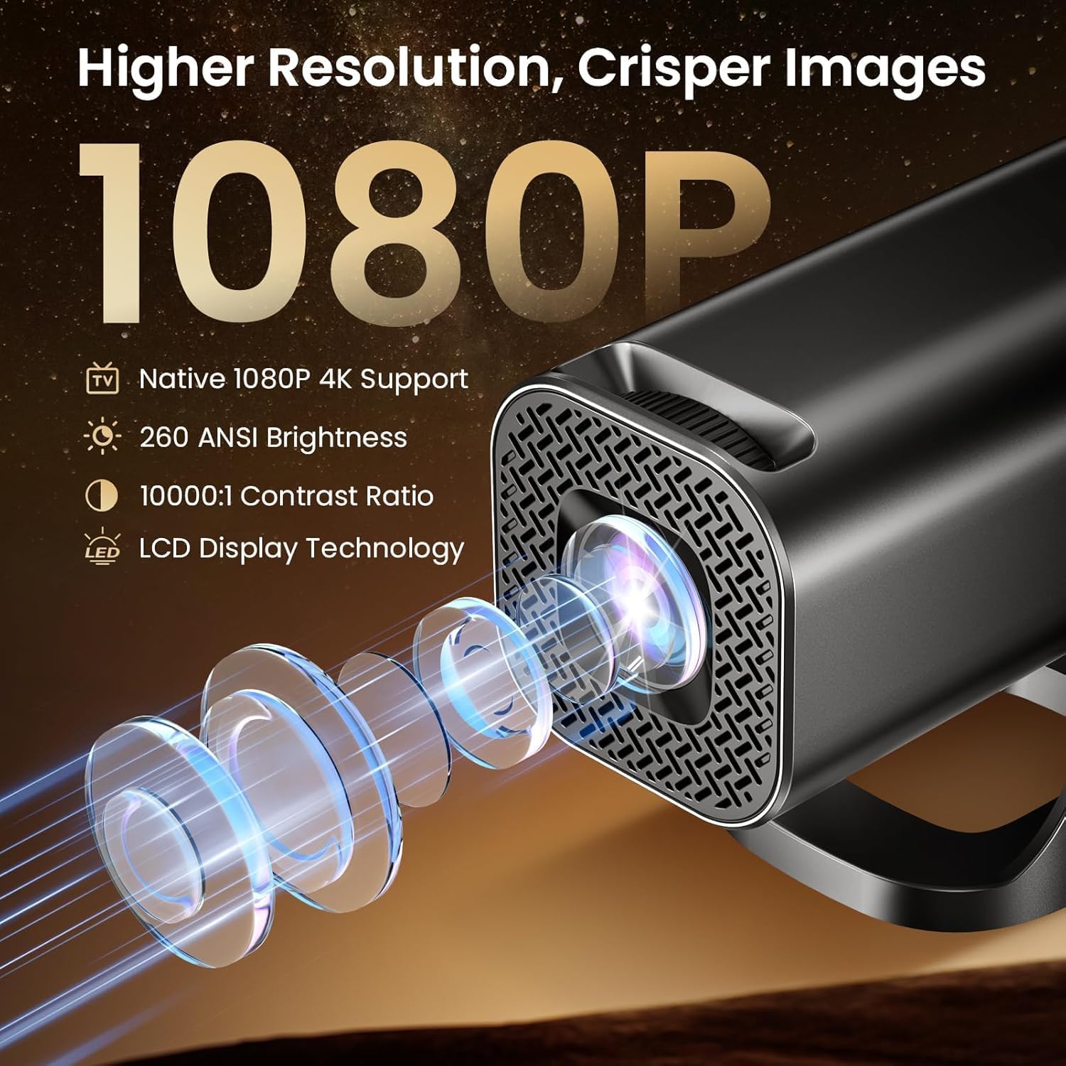 Proyector Portátil 1080P Soporte 4K con WiFi 6 Bluetooth 5.4, Mini Portable Proyector 22000 Lúmenes Android 12.0, 270° Rotation Auto Keystone Zoom Ajustable Compatibile HDMI USB TF Laptop PC Teléfono - 2