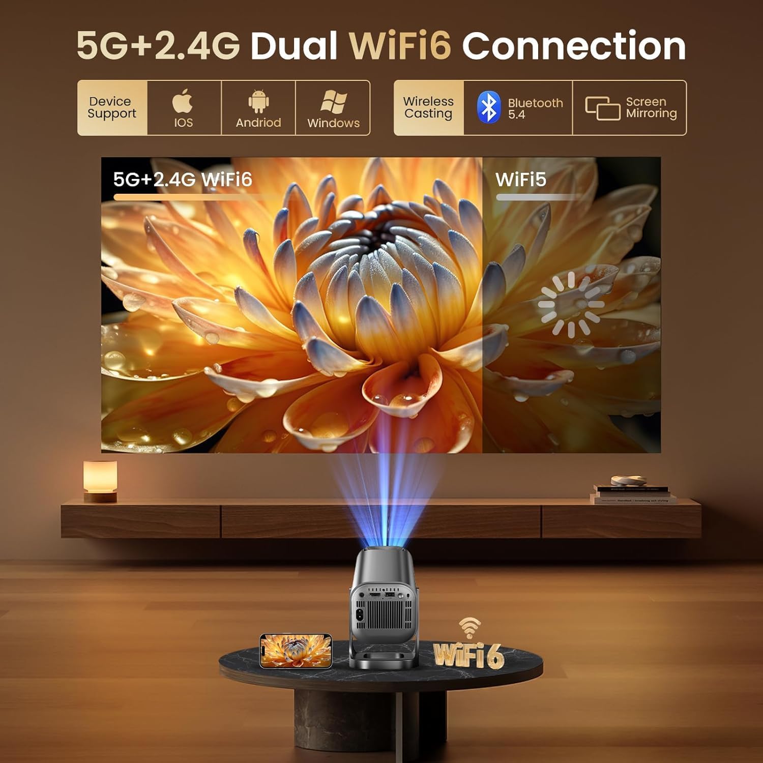 Proyector Portátil 1080P Soporte 4K con WiFi 6 Bluetooth 5.4, Mini Portable Proyector 22000 Lúmenes Android 12.0, 270° Rotation Auto Keystone Zoom Ajustable Compatibile HDMI USB TF Laptop PC Teléfono - 3