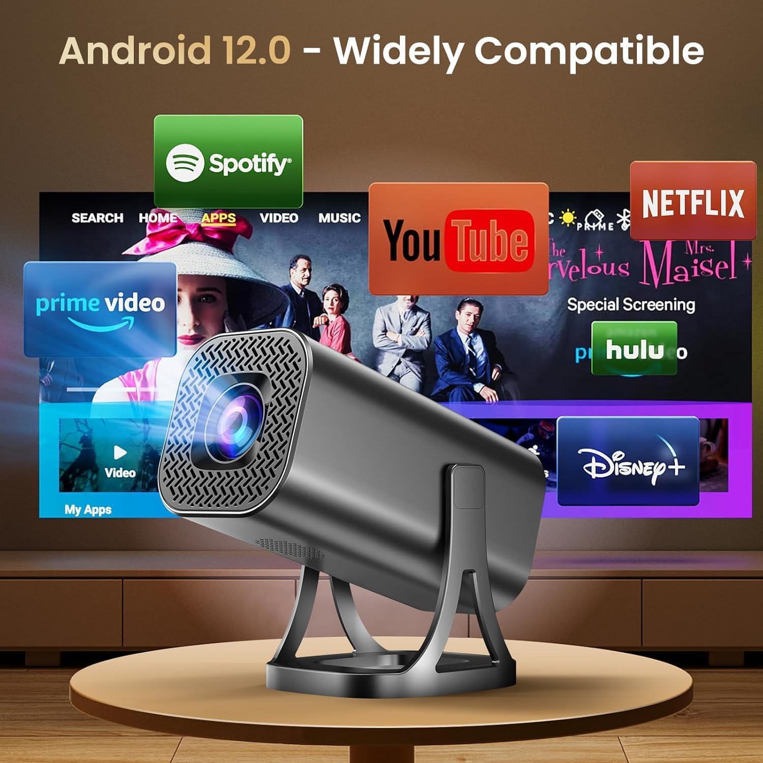 Proyector Portátil 1080P Soporte 4K con WiFi 6 Bluetooth 5.4, Mini Portable Proyector 22000 Lúmenes Android 12.0, 270° Rotation Auto Keystone Zoom Ajustable Compatibile HDMI USB TF Laptop PC Teléfono - 4