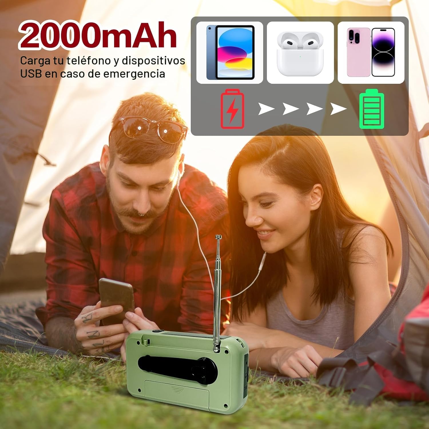 Radio de Emergencia Portátil, FM/Am Emergency Radio con Solar Recargable Radios de Dinamo con Manivela con Linterna LED y Luz de Lectura 2000mAh Powerbank SOS Alarma USB de Camping al Aire Libre - 2