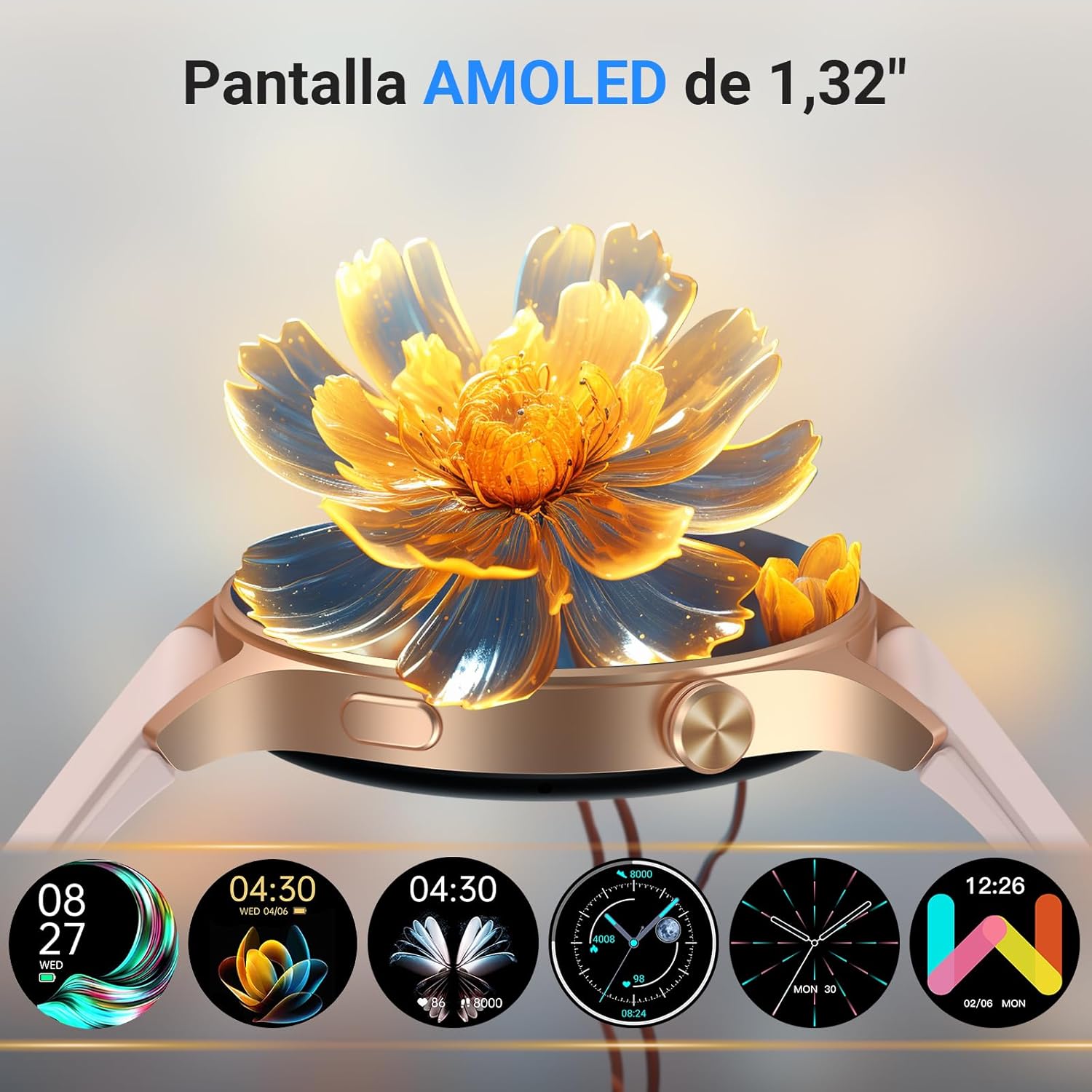 Reloj Inteligente para Mujer con Llamada Bluetooth 5.3, Smartwatch 1.32" AMOLED para Android iOS, podómetro con 110+ Deportes y 3ATM Pulsera Fitness con Monitor de sueño/SpO2 - 6