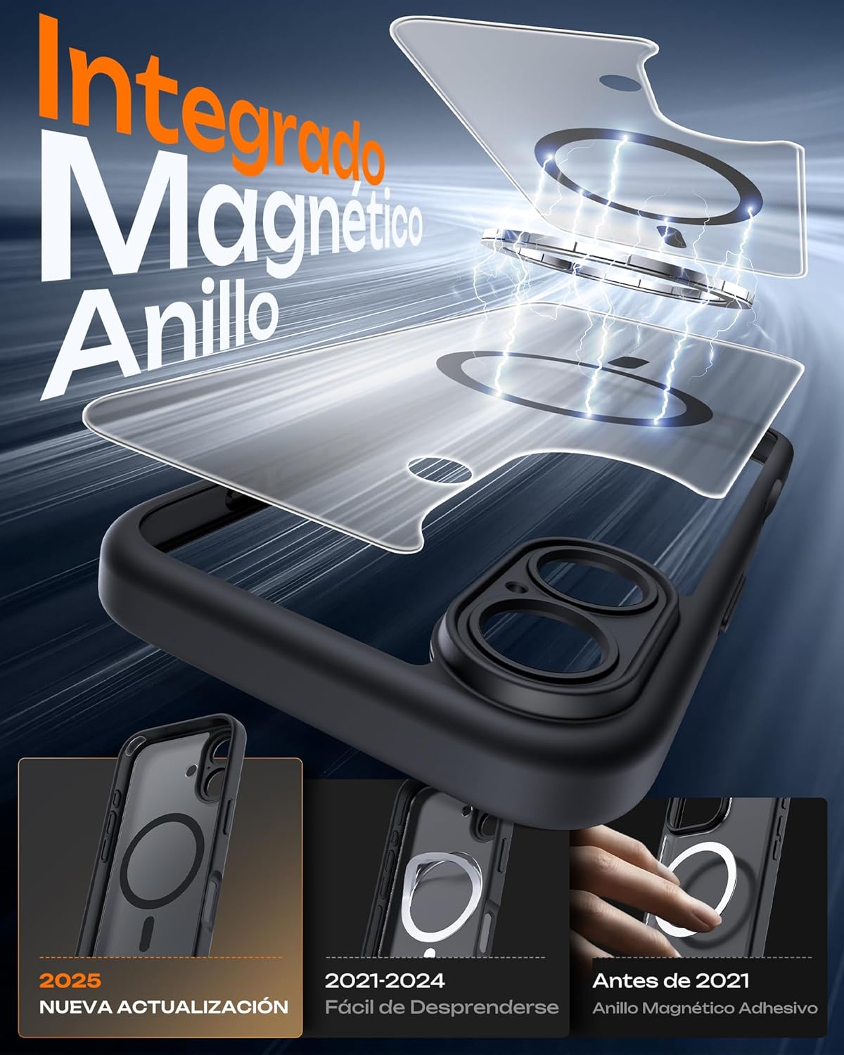 TOCOL Funda para iPhone 17, Protección Lente Cámara, Anillo Magnético Integrado, Compatible con Magsafe, Protección contra Caídas, Translúcida Mate Trasera, Titanio Negro - 3