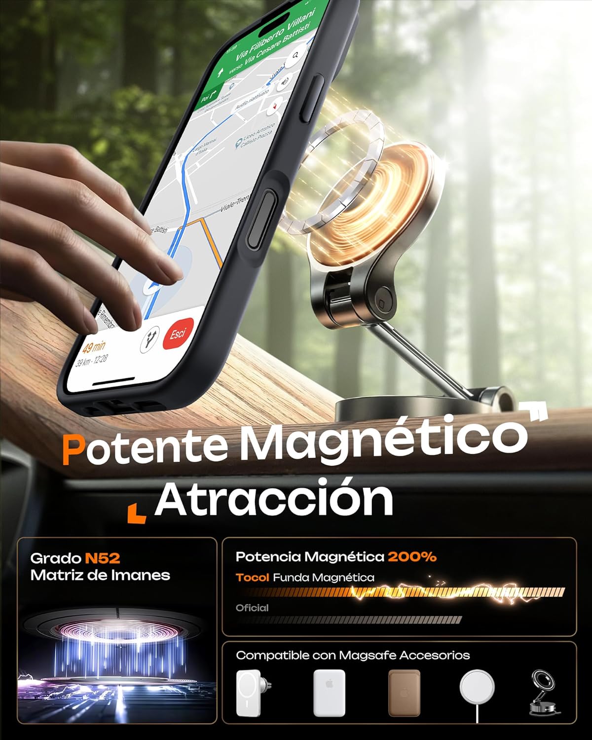 TOCOL Funda para iPhone 17, Protección Lente Cámara, Anillo Magnético Integrado, Compatible con Magsafe, Protección contra Caídas, Translúcida Mate Trasera, Titanio Negro - 4